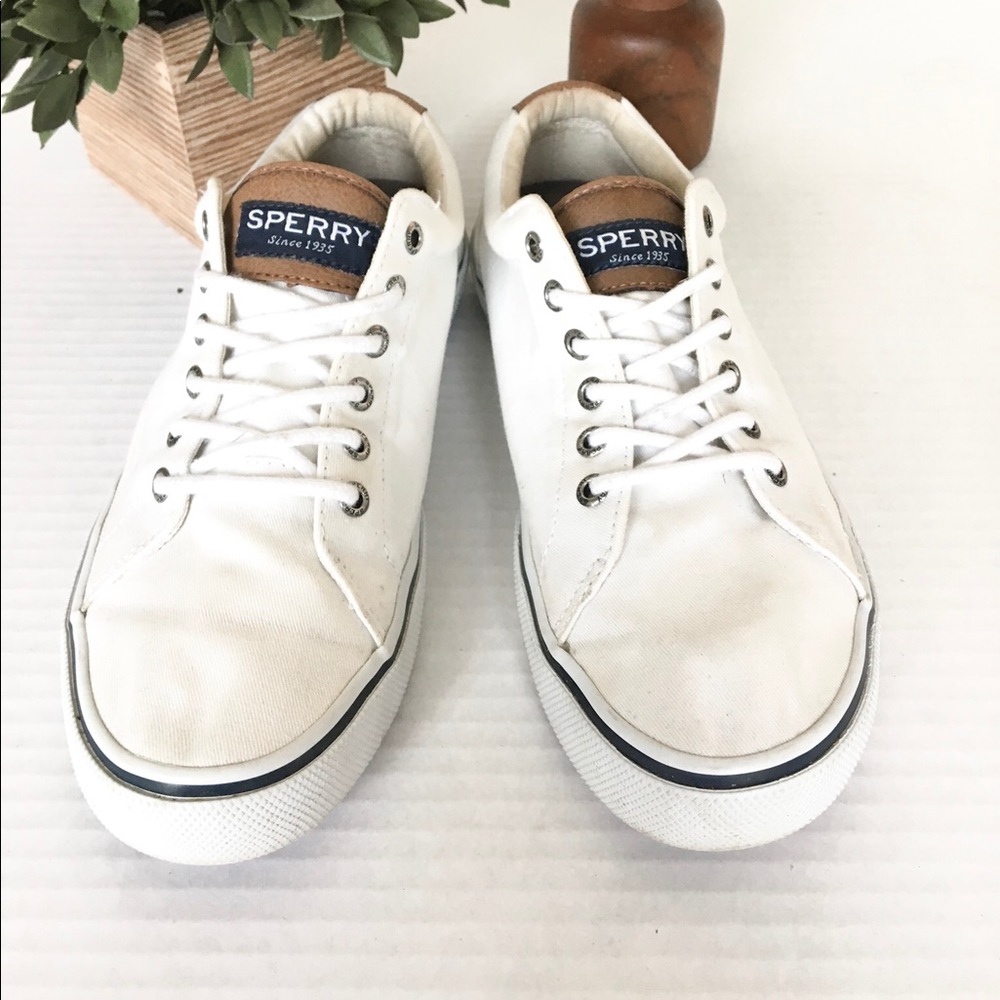 Sperry Men’s White and Brown Canvas Shoes Size 8.5